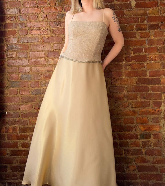 Vintage 90s Gold Glitter Prom Dress: Beaded Corset Gown