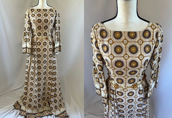 1970s Long Sleeve Bohemian Maxi Dress with a Massive Sweep