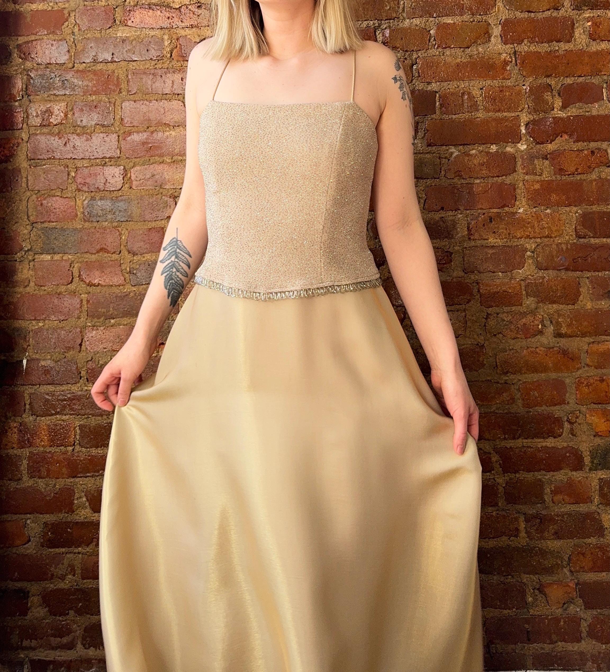 Vintage 90s Gold Glitter Prom Dress: Beaded Corset Gown