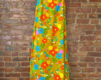 Vintage Hawaiian Floral Maxi Dress 60s 70s Sears Hawaiian Fashions