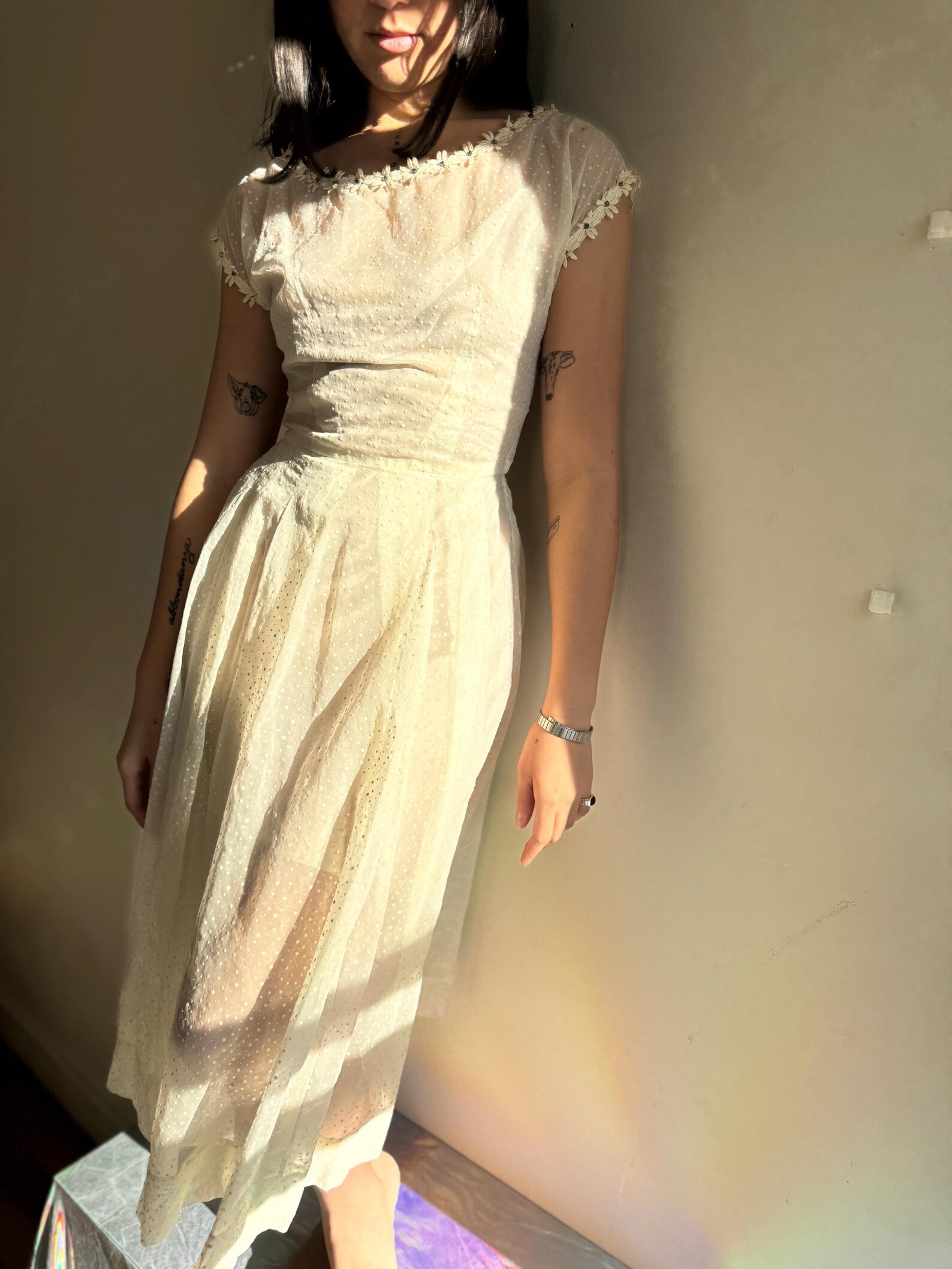 1950s White Party Dress with Sheer Mesh Stripes