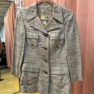 Vintage 1970s Cream Tweed Tailored Jacket - Gold Buttons - Light Brown Accents - Retro Women's Blazer