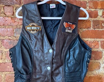 Vintage Harley Davidson Leather Biker Vest - Womens Lace Up Motorcycle Vest