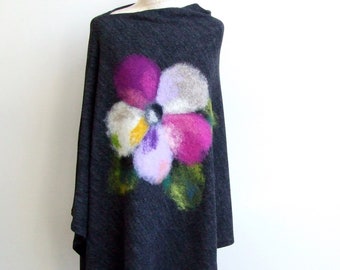 black melange poncho, dry felted colorful flower, one size