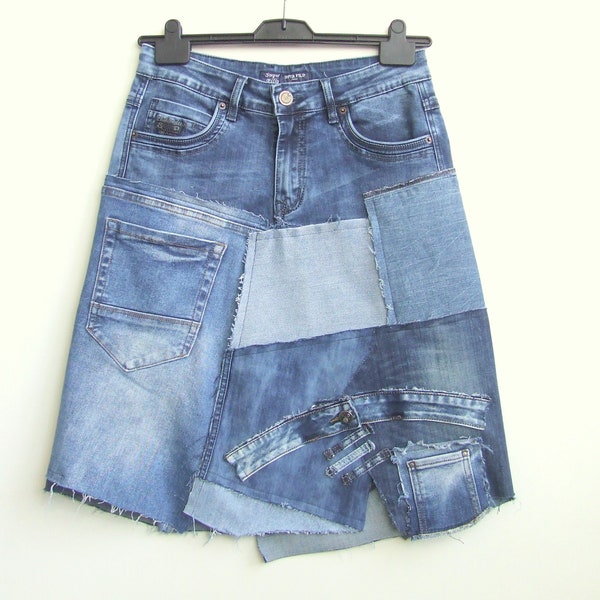 Upcycled Jeansrock, Gr. US 30,5, asymmetrischer Jeansrock