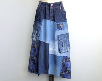 upcycled denim skirt, size US about 16,  asymmetrial denim skirt, cargo pocket