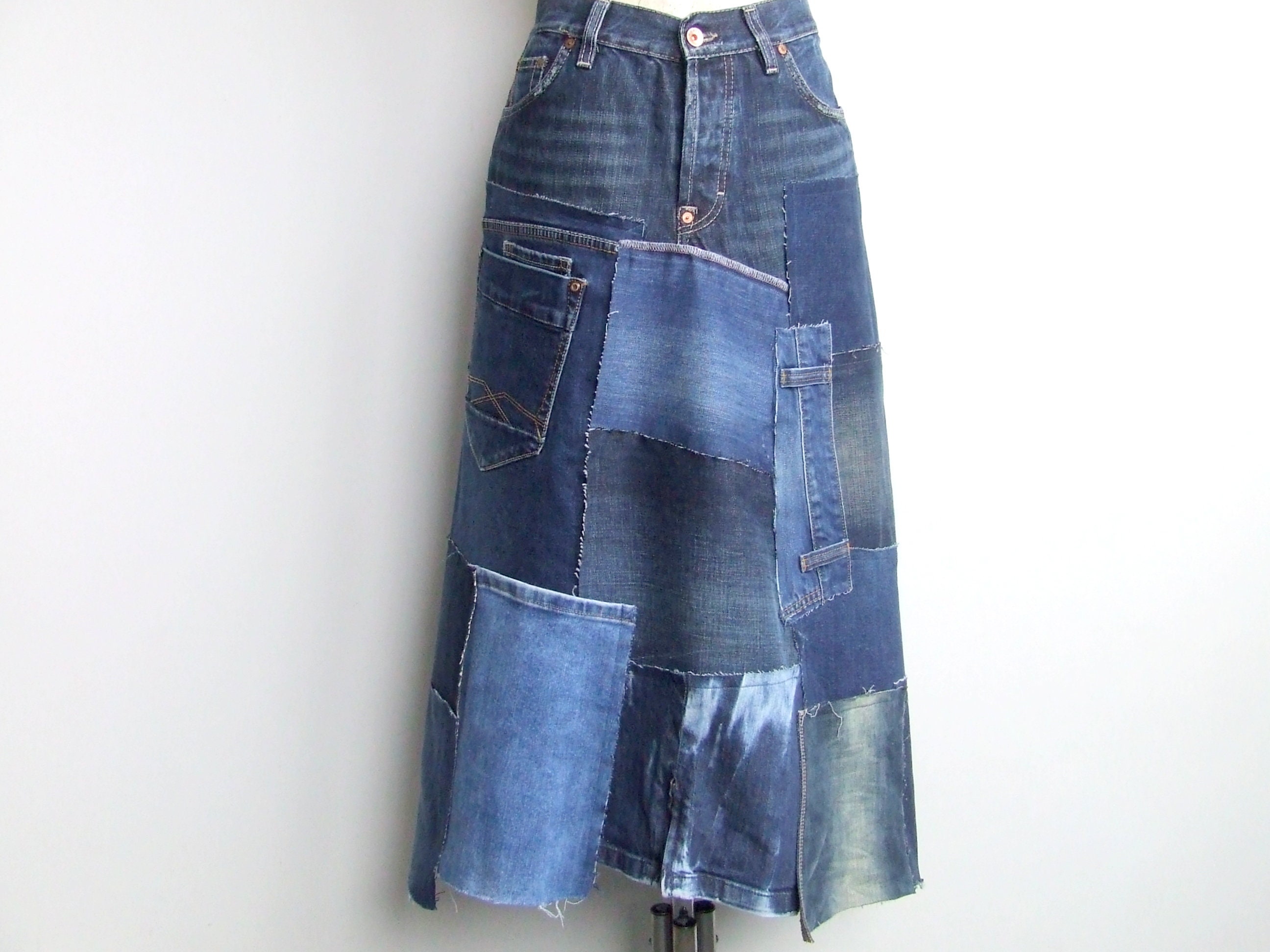 Long Patchwork Denim Skirt Size US 12 Etsy