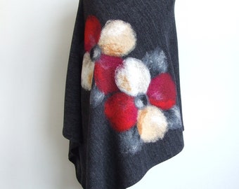 black melange poncho, dry felted red beige flowers, one size