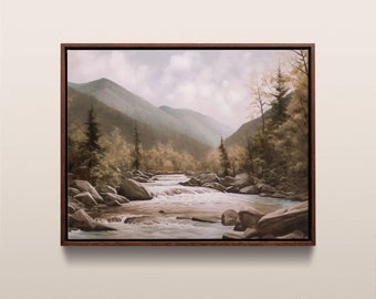 May include: A framed painting depicting a mountain river scene. The painting features a rushing river flowing through a valley with lush green trees and mountains in the background. The sky is a soft blue with white clouds.