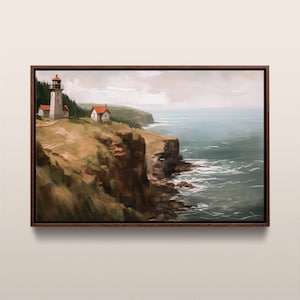 May include: A painting of a white lighthouse with a red roof on a cliff overlooking a blue ocean. The lighthouse is surrounded by trees and a small house with a red roof. The ocean is calm and the sky is cloudy.