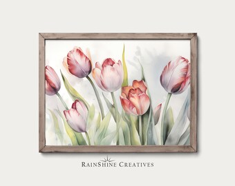 Akwarela z tulipanami w stylu vintage | Delikatna sztuka botaniczna | Natychmiastowe pobranie cyfrowe | #318