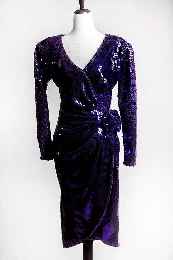 TADASHI Purple Sequin V Neck Long Sleeve Dress, S… - image 1
