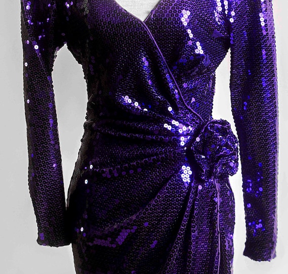 TADASHI Purple Sequin V Neck Long Sleeve Dress, S… - image 2