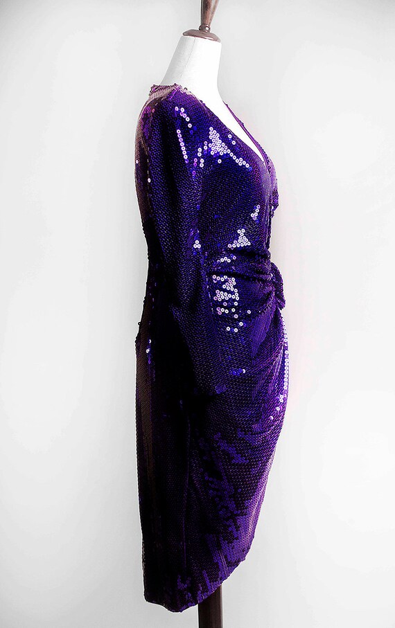 TADASHI Purple Sequin V Neck Long Sleeve Dress, S… - image 3