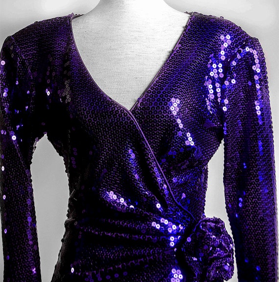 TADASHI Purple Sequin V Neck Long Sleeve Dress, S… - image 6