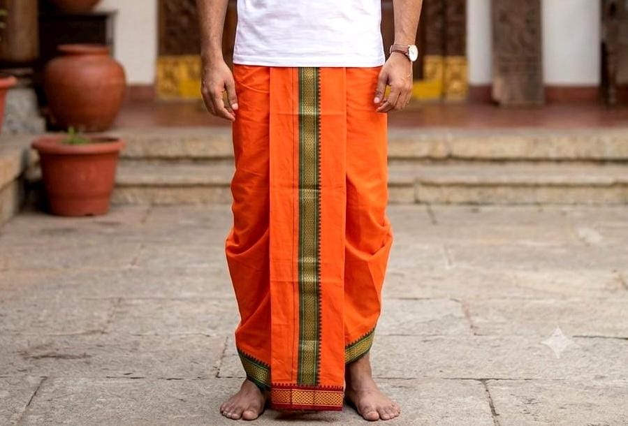 Men's 100% Cotton Lungi Dhoti With Thalapathy Border Handmade Mundu Sarong Beachwear And Nightwear Unstitched Cotton Fabric Orange Dhoti
