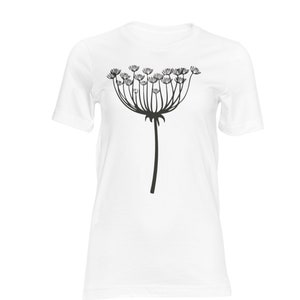 May include: A white t-shirt featuring a black silhouette of a dandelion.