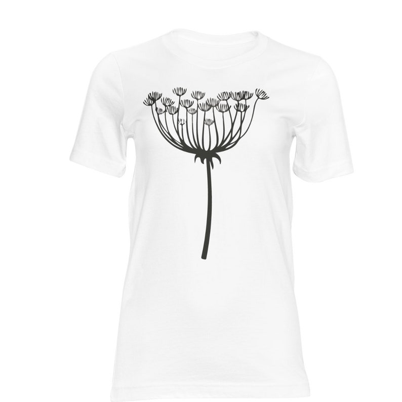 May include: A white t-shirt featuring a black silhouette of a dandelion.