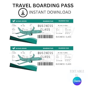 Bewerkbare instapkaartsjabloon, Canva-instapkaart, aanpasbare vliegtickets, direct downloaden, cadeaukaart voor vliegtuigtickets