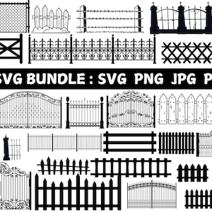 Pode incluir: Um conjunto de 16 imagens em silhueta em preto e branco de diferentes tipos de cercas e portões. As imagens incluem cercas de estacas, cercas de corrente, cercas de ferro forjado e portões. SVG Bundle: SVG PNG JPG PDF