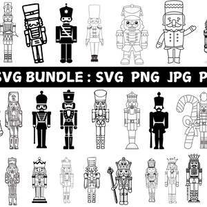 May include: A collection of various nutcracker designs in black and white. The image includes a variety of nutcracker illustrations, some with detailed features and others in a more simplified style. Text at the top reads "SVG BUNDLE: SVG PNG JPG PDF".