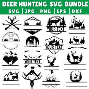 May include: A set of 12 black and white SVG designs featuring deer, antlers, mountains, trees, and the text "YOUR TEXT". These designs are perfect for creating custom t-shirts, mugs, and other personalized items.