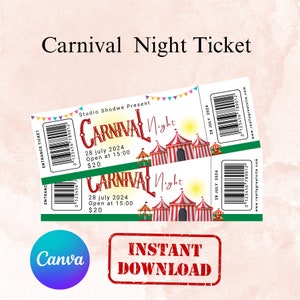 Karneval Ticket Vorlage, Karneval bearbeitbares Canva Ticket, Überraschungs Zirkusgeschenk, anpassbare und druckbare Karnevalskarte,