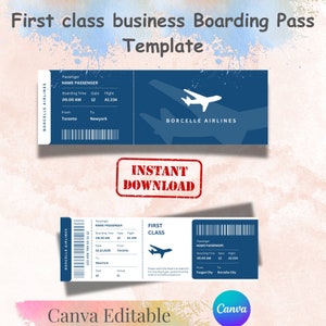 Erste Klasse Business Bordkarte Vorlage, Canva Bordkarte, anpassbare Flugzeugtickets, sofortiger Download, Flugzeugticket Geschenkkarte