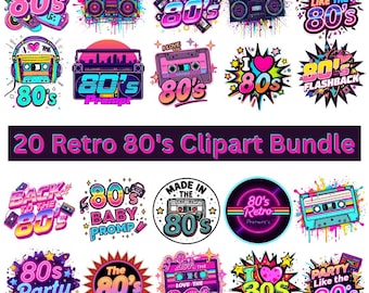 Retro 80s Clipart Bundle: PNG , Vintage Graphics (Digital Download)
