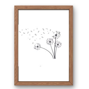 May include: A framed print of a black and white illustration of a dandelion with seeds blowing in the wind.