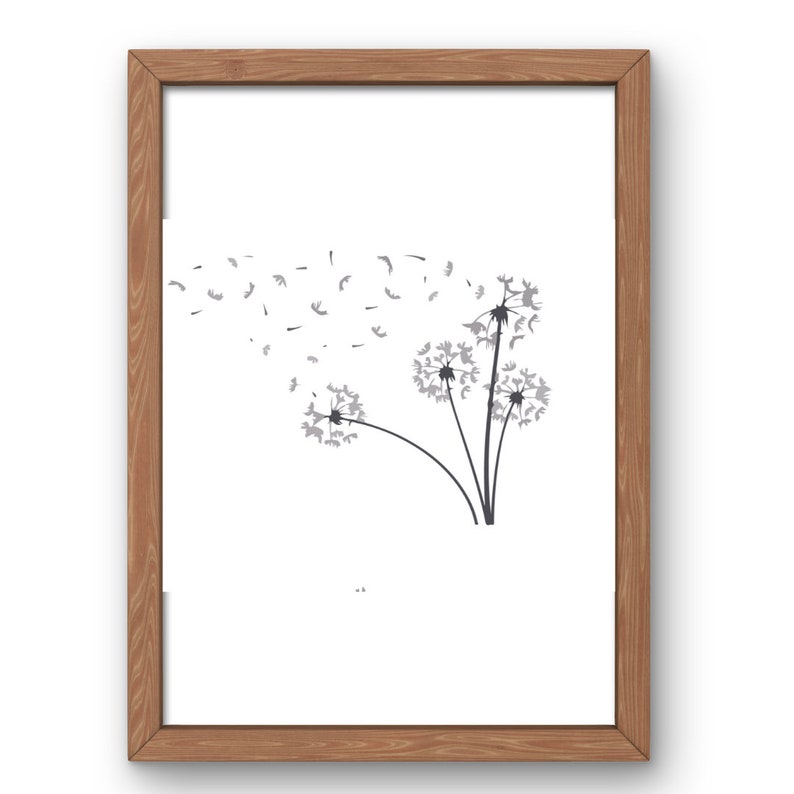 May include: A framed print of a black and white illustration of a dandelion with seeds blowing in the wind.