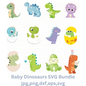 赤ちゃん恐竜 SVG バンドル、T-Rex、恐竜 SVG、ブロントサウルス、ステゴサウルス、トリケラトプス、恐竜のアウトライン、シルエット、色付きのかわいい恐竜 PNG