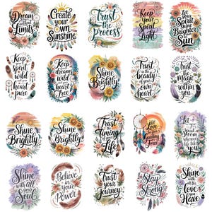 Puede incluir: Una colección de pegatinas ovaladas con citas inspiradoras y diseños florales. Cada pegatina presenta frases como "Sueña sin límites", "Brilla intensamente" y "Confía en el proceso", en varias fuentes y colores. Las pegatinas están adornadas con plumas, flores y atrapasueños.