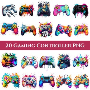 May include: A selection of 20 colourful gaming controller PNG images. The controllers display various designs with vibrant colours and paint splatter effects. The text "NEXT LEVEL" is visible on one controller. The image includes the text "20 GAMING CONTROLLER PNG".