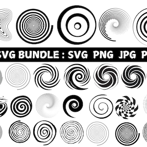 Könnte beinhalten: Eine Sammlung von schwarz-weißen Spiraldesigns in verschiedenen Stilen. Das Bild enthält eine Vielzahl von Spiralmustern, darunter konzentrische Kreise, wirbelnde Linien und gepunktete Muster. Der Text oben lautet "SVG BUNDLE: SVG PNG JPG PDF".