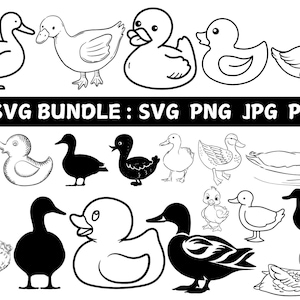 Könnte beinhalten: Ein Set mit 15 Schwarzweiß-Illustrationen von Enten und Gummiente. Die Illustrationen zeigen verschiedene Posen, darunter Schwimmen, Stehen und Sitzen. Die Illustrationen eignen sich perfekt für Bastelprojekte, Scrapbooking oder digitales Design.