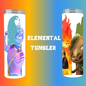 May include: A white tumbler featuring characters from the movie "Elemental." The tumbler has a colorful gradient background and the text "ELEMENTAL TUMBLER." One side shows a blue water character, and the other side shows a fire and earth character.