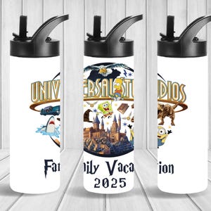 May include: White water bottle with a black lid featuring the Universal Studios logo and various cartoon characters. The bottle includes the text "Family Vacation 2025" and images of a shark, Bart Simpson, and a dinosaur.