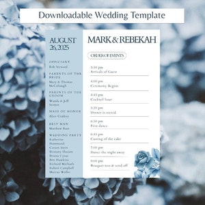 Wedding Timeline Print at Home Editable Wedding Program Template Light Blue Wedding Timeline Program for Blue Floral Wedding Stationary