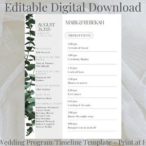 Wedding Timeline Print at Home Editable Wedding Program Template Eucalyptus Wedding Timeline Program for Botanical Wedding Stationary Nature