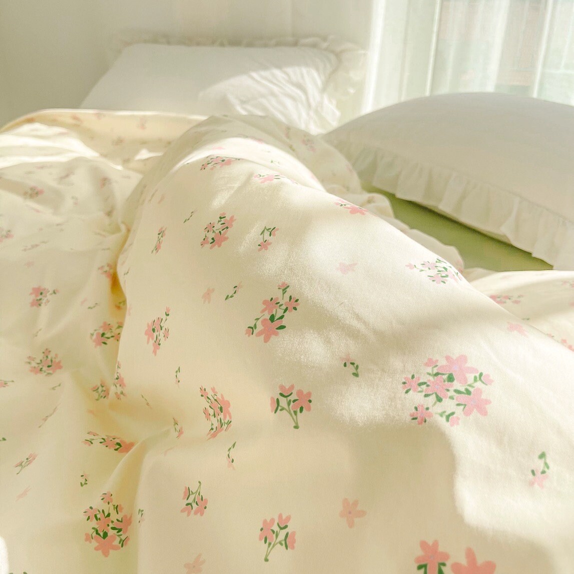 Floral Ruffle Cotton Duvet Cover Set, Floral Ruffle Pillowcase, Cream