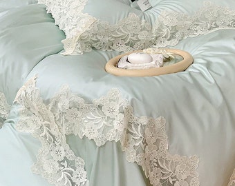 Minimalist Lace Cotton Bedding Set (4pcs), Long Staple Cotton Lace Full/Queen/King Size Duvet Cover Set