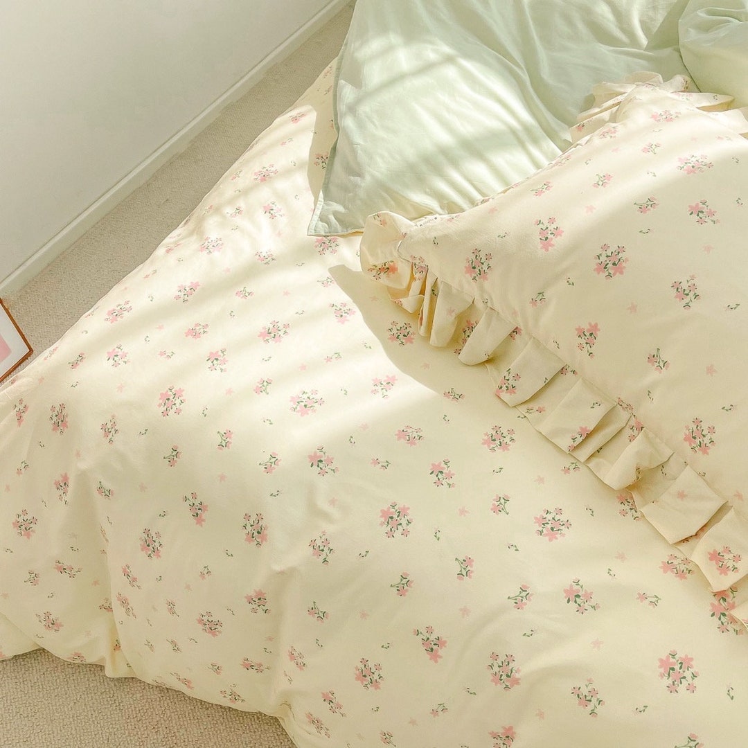Floral Ruffle Cotton Duvet Cover Set, Floral Ruffle Pillowcase, Cream