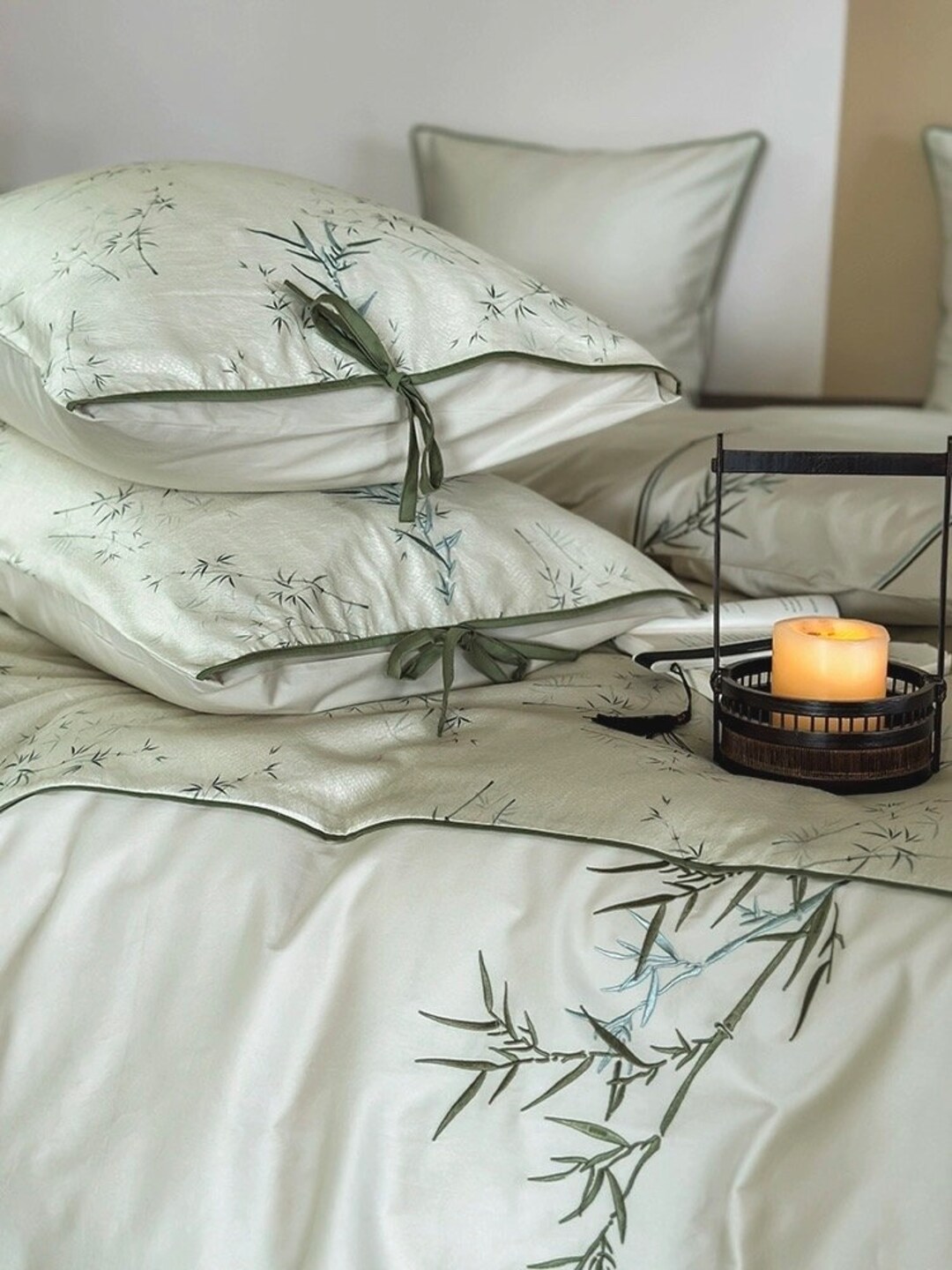 Green Bamboo Cotton Bedding Set 4pcs, Chinese Bamboo Long Staple Cotton