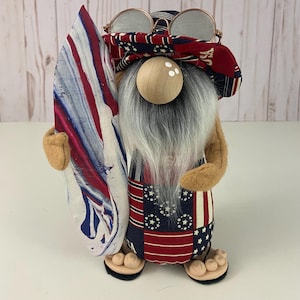 Handmade Surfer Gnome with USA Shorts – Patriotic Summer Beach Gnome with Surfboard, Red White and Blue Decor