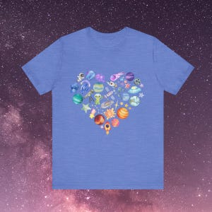 Cosmic Heart Tee, Fun Space Lover T-Shirt, Cute Science Gift, Galaxy Graphic Shirt, Astronomy Enthusiast Apparel, Perfect for Birthdays