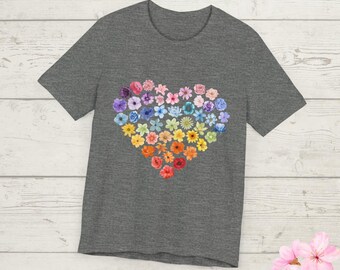 T-shirt met bloemenhart - leuk zomer-T-shirt, cadeau voor plantenliefhebbers, bloemenliefhebber, vrijetijdskleding, milieuvriendelijke kleding