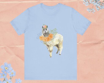 T-shirt bloemen alpaca, shirt schattige dieren, T-shirt uniseks, cadeau natuurliefhebber, pastel esthetisch T-shirt, verjaardagscadeau