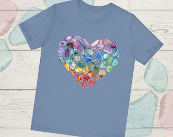 Rock and Gem Heart-t-shirt uniseks jersey, edelsteenliefhebber cadeau, schattig kristallen T-shirt, Crystal Heart-T-shirt, rockliefhebber