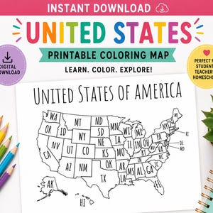 May include: A printable coloring map of the United States of America featuring state outlines and abbreviations. The document includes the text UNITED STATES PRINTABLE COLORING MAP, LEARN. COLOR. EXPLORE!, and UNITED STATES OF AMERICA. Size is 8.5 x 11 inches.